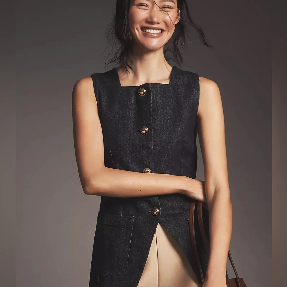 Anthropologie Maeve Square-Neck Cutaway Denim Vest - Picture 4 of 10